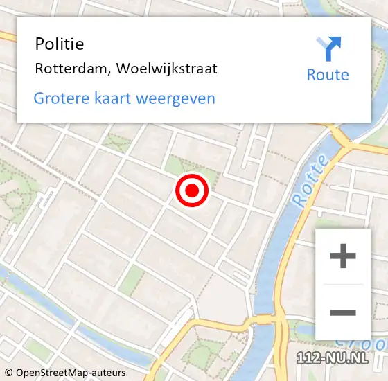 Locatie op kaart van de 112 melding: Politie Rotterdam, Woelwijkstraat op 12 april 2024 20:14