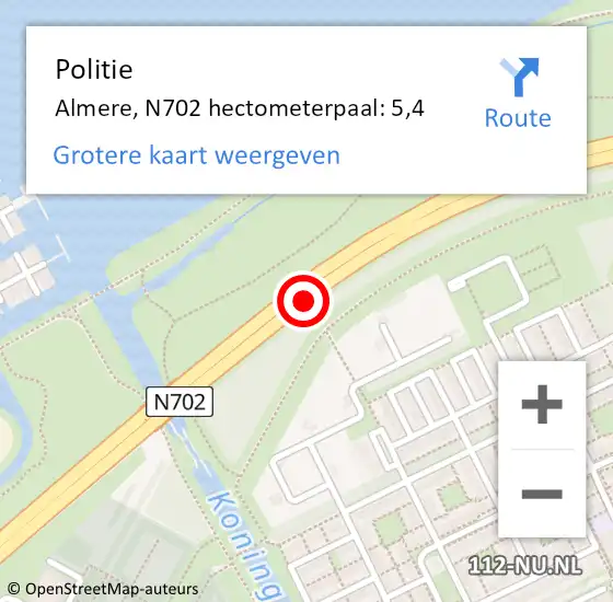 Locatie op kaart van de 112 melding: Politie Almere, N702 hectometerpaal: 5,4 op 13 april 2024 01:21