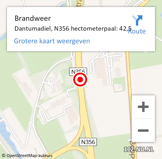 Locatie op kaart van de 112 melding: Brandweer Dantumadiel, N356 hectometerpaal: 42,5 op 13 april 2024 07:47