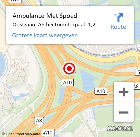 Locatie op kaart van de 112 melding: Ambulance Met Spoed Naar Oostzaan, A8 hectometerpaal: 1,2 op 13 april 2024 11:29