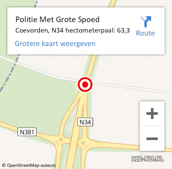Locatie op kaart van de 112 melding: Politie Met Grote Spoed Naar Coevorden, N34 hectometerpaal: 63,3 op 13 april 2024 15:41