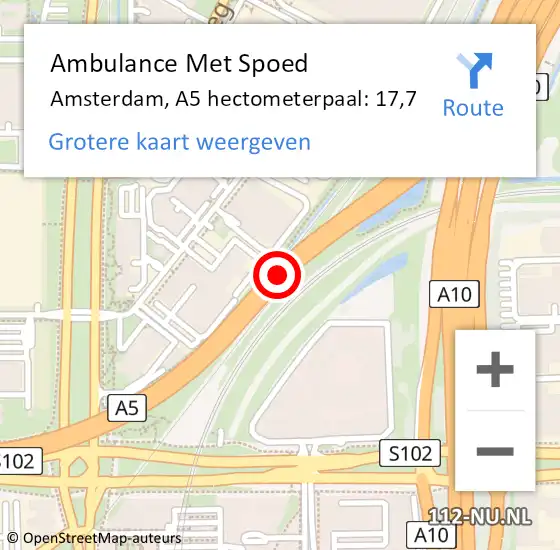 Locatie op kaart van de 112 melding: Ambulance Met Spoed Naar Amsterdam, A5 hectometerpaal: 17,7 op 13 april 2024 15:54