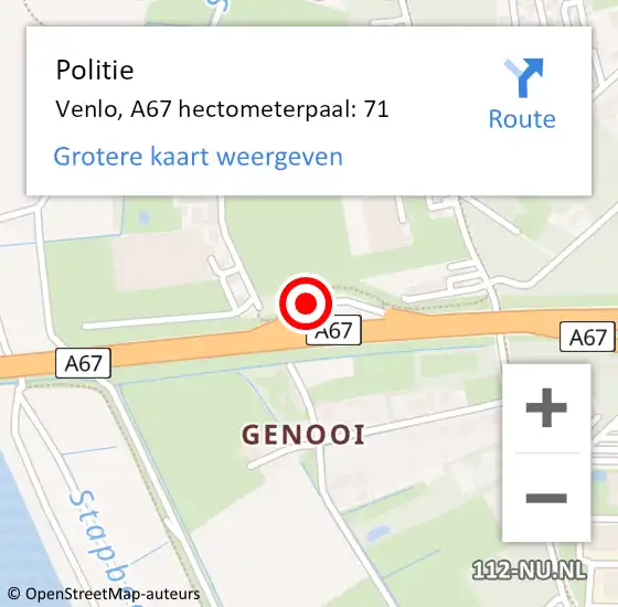 Locatie op kaart van de 112 melding: Politie Venlo, A67 hectometerpaal: 71 op 13 april 2024 16:35