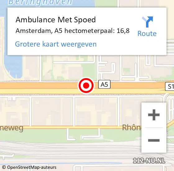 Locatie op kaart van de 112 melding: Ambulance Met Spoed Naar Amsterdam, A5 hectometerpaal: 16,8 op 13 april 2024 18:35