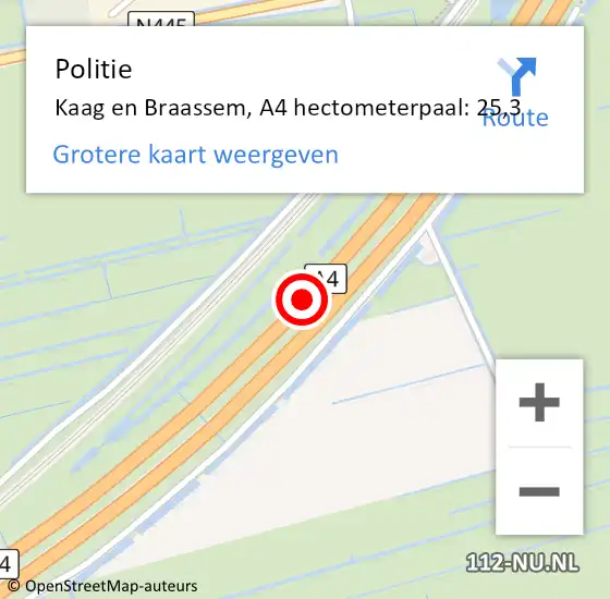 Locatie op kaart van de 112 melding: Politie Kaag en Braassem, A4 hectometerpaal: 25,3 op 13 april 2024 21:38