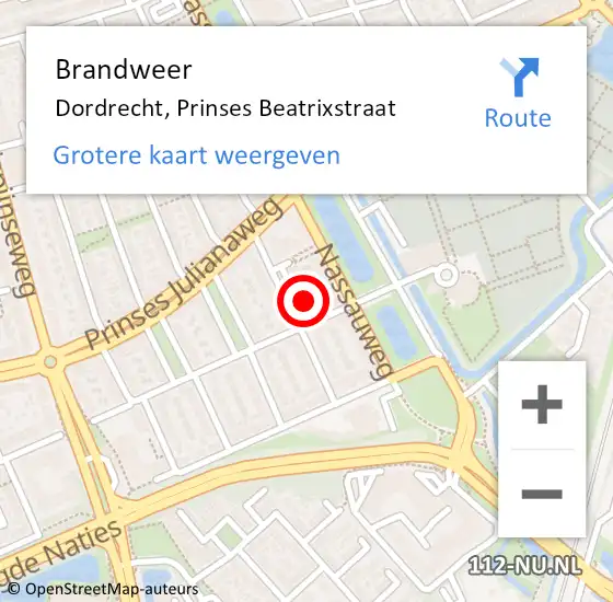 Locatie op kaart van de 112 melding: Brandweer Dordrecht, Prinses Beatrixstraat op 14 april 2024 00:54