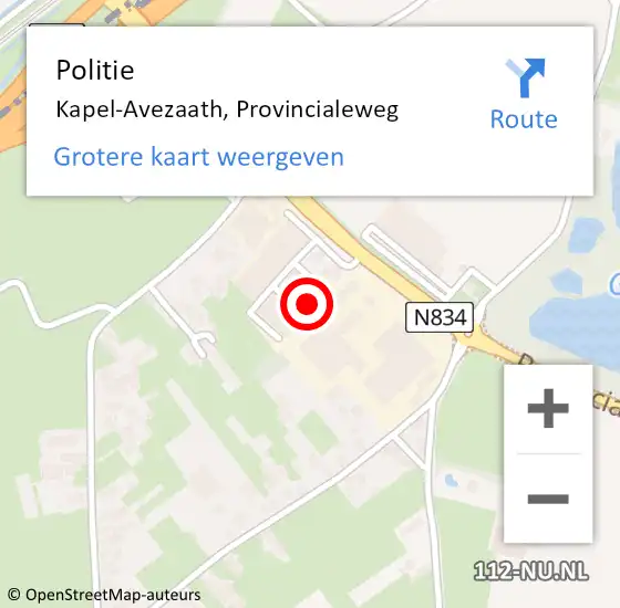 Locatie op kaart van de 112 melding: Politie Kapel-Avezaath, Provincialeweg op 14 april 2024 01:07
