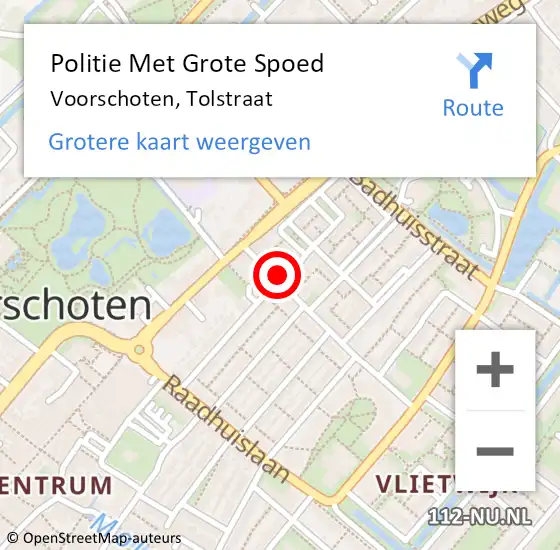 Locatie op kaart van de 112 melding: Politie Met Grote Spoed Naar Voorschoten, Tolstraat op 14 april 2024 13:03