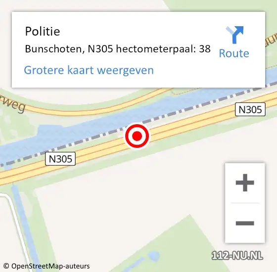 Locatie op kaart van de 112 melding: Politie Bunschoten, N305 hectometerpaal: 38 op 14 april 2024 17:01