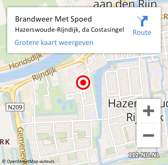 Locatie op kaart van de 112 melding: Brandweer Met Spoed Naar Hazerswoude-Rijndijk, da Costasingel op 14 april 2024 17:45
