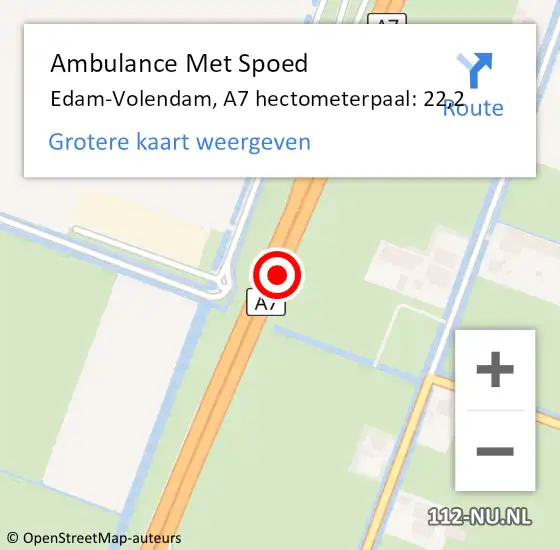 Locatie op kaart van de 112 melding: Ambulance Met Spoed Naar Edam-Volendam, A7 hectometerpaal: 22,2 op 14 april 2024 20:07