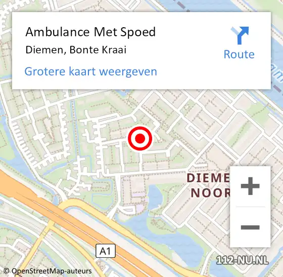 Locatie op kaart van de 112 melding: Ambulance Met Spoed Naar Diemen, Bonte Kraai op 14 april 2024 21:08