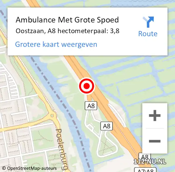 Locatie op kaart van de 112 melding: Ambulance Met Grote Spoed Naar Oostzaan, A8 hectometerpaal: 3,8 op 15 april 2024 01:05