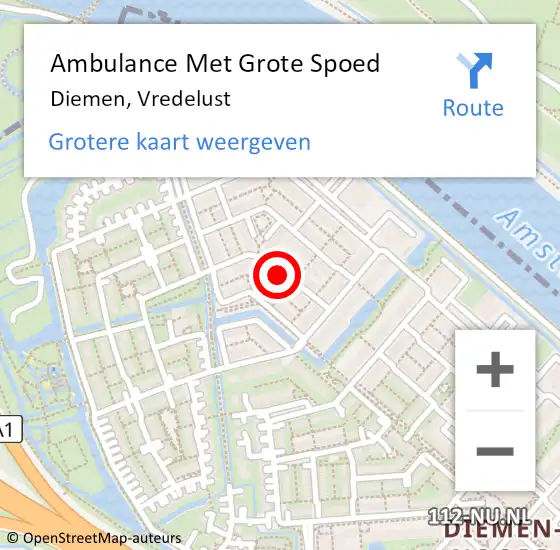Locatie op kaart van de 112 melding: Ambulance Met Grote Spoed Naar Diemen, Vredelust op 15 april 2024 03:26