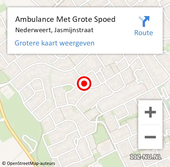 Locatie op kaart van de 112 melding: Ambulance Met Grote Spoed Naar Nederweert, Jasmijnstraat op 15 april 2024 06:35