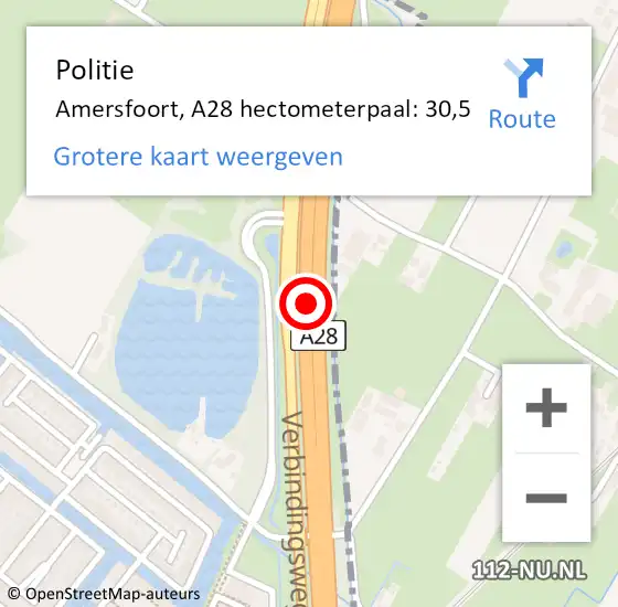 Locatie op kaart van de 112 melding: Politie Amersfoort, A28 hectometerpaal: 30,5 op 15 april 2024 07:13