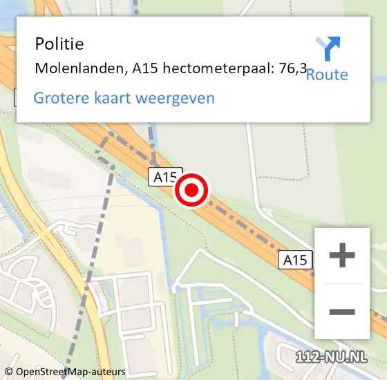 Locatie op kaart van de 112 melding: Politie Molenlanden, A15 hectometerpaal: 76,3 op 15 april 2024 07:49