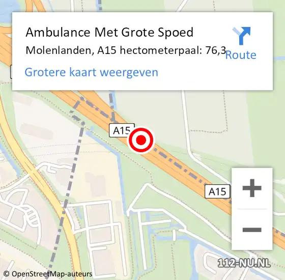 Locatie op kaart van de 112 melding: Ambulance Met Grote Spoed Naar Molenlanden, A15 hectometerpaal: 76,3 op 15 april 2024 07:52