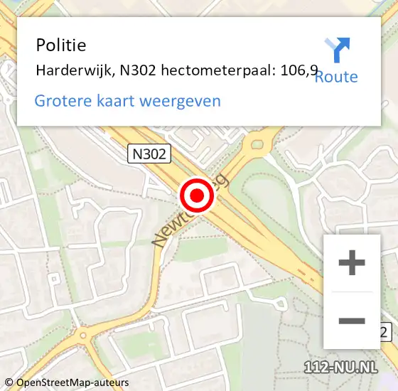 Locatie op kaart van de 112 melding: Politie Harderwijk, N302 hectometerpaal: 106,9 op 15 april 2024 08:10