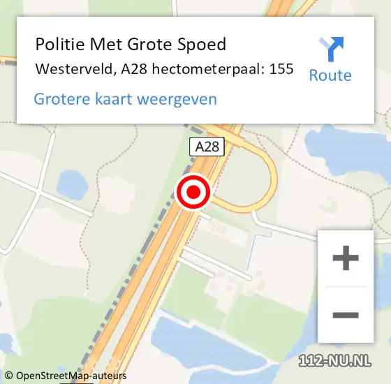 Locatie op kaart van de 112 melding: Politie Met Grote Spoed Naar Westerveld, A28 hectometerpaal: 155 op 15 april 2024 08:31