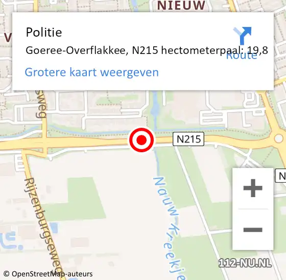 Locatie op kaart van de 112 melding: Politie Goeree-Overflakkee, N215 hectometerpaal: 19,8 op 15 april 2024 08:35