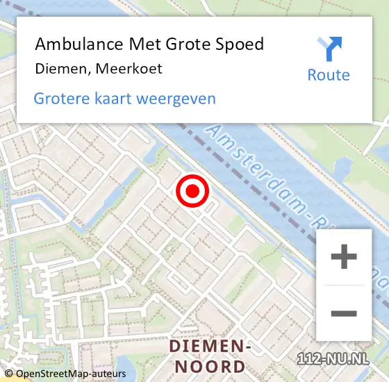 Locatie op kaart van de 112 melding: Ambulance Met Grote Spoed Naar Diemen, Meerkoet op 15 april 2024 09:52