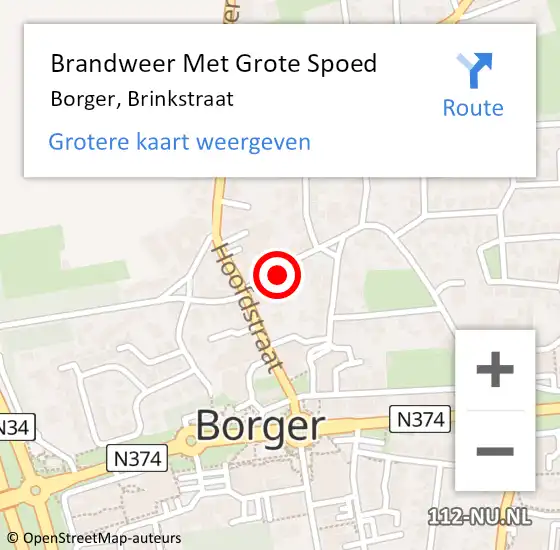 Locatie op kaart van de 112 melding: Brandweer Met Grote Spoed Naar Borger, Brinkstraat op 15 april 2024 10:38