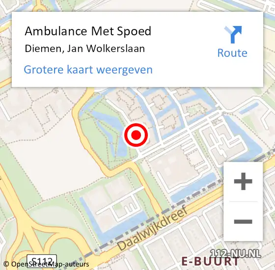 Locatie op kaart van de 112 melding: Ambulance Met Spoed Naar Diemen, Jan Wolkerslaan op 15 april 2024 13:23