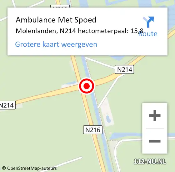 Locatie op kaart van de 112 melding: Ambulance Met Spoed Naar Molenlanden, N214 hectometerpaal: 15,8 op 15 april 2024 13:36