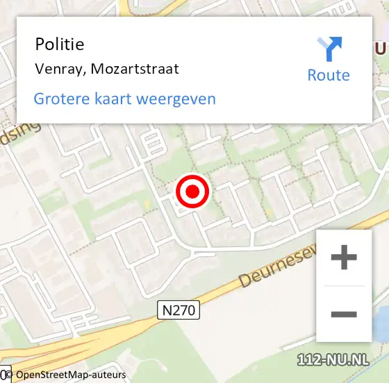 Locatie op kaart van de 112 melding: Politie Venray, Mozartstraat op 15 april 2024 14:10