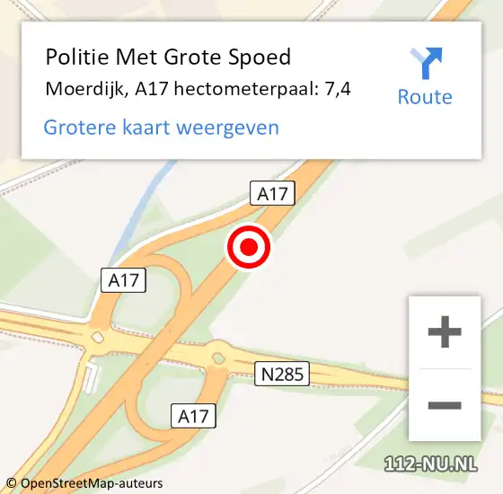 Locatie op kaart van de 112 melding: Politie Met Grote Spoed Naar Moerdijk, A17 hectometerpaal: 7,4 op 15 april 2024 15:34