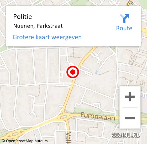 Locatie op kaart van de 112 melding: Politie Nuenen, Parkstraat op 15 april 2024 17:29