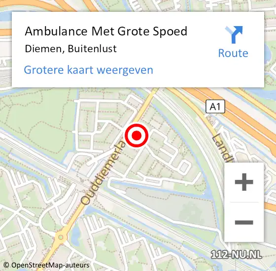 Locatie op kaart van de 112 melding: Ambulance Met Grote Spoed Naar Diemen, Buitenlust op 15 april 2024 18:17