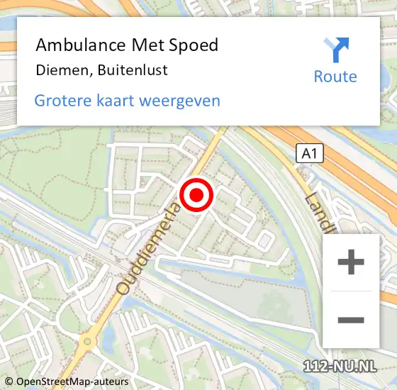 Locatie op kaart van de 112 melding: Ambulance Met Spoed Naar Diemen, Buitenlust op 15 april 2024 18:49