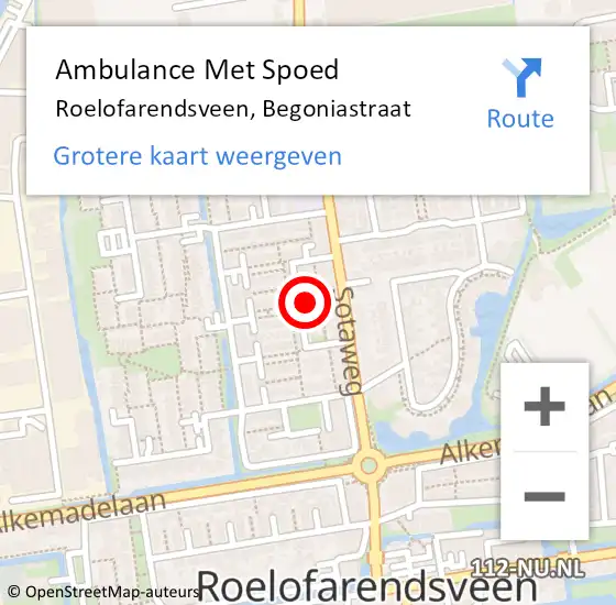 Locatie op kaart van de 112 melding: Ambulance Met Spoed Naar Roelofarendsveen, Begoniastraat op 15 april 2024 20:30