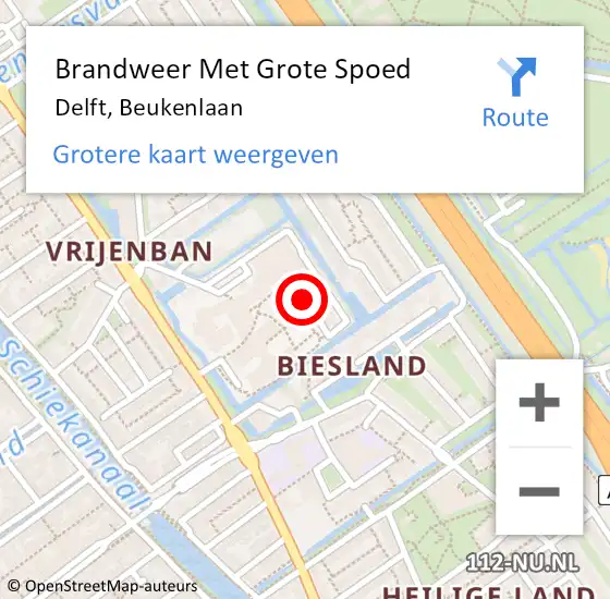 Locatie op kaart van de 112 melding: Brandweer Met Grote Spoed Naar Delft, Beukenlaan op 15 april 2024 21:01