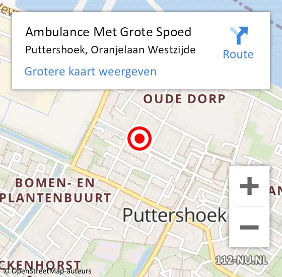 Locatie op kaart van de 112 melding: Ambulance Met Grote Spoed Naar Puttershoek, Oranjelaan Westzijde op 15 april 2024 21:40