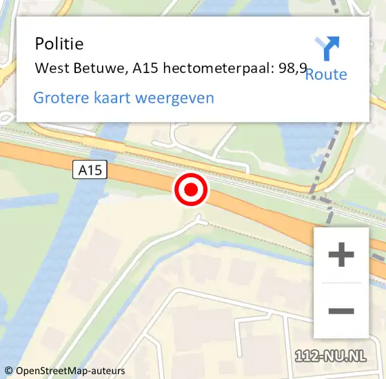 Locatie op kaart van de 112 melding: Politie West Betuwe, A15 hectometerpaal: 98,9 op 16 april 2024 06:06