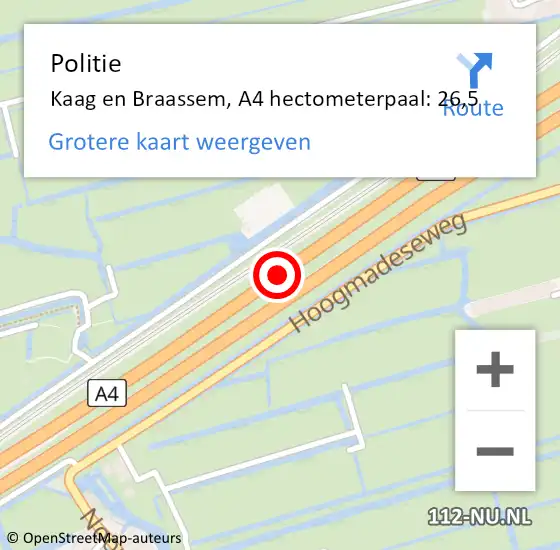 Locatie op kaart van de 112 melding: Politie Kaag en Braassem, A4 hectometerpaal: 26,5 op 16 april 2024 09:24
