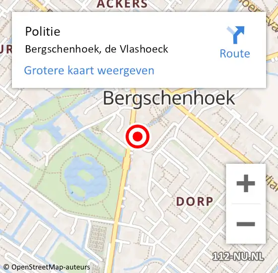 Locatie op kaart van de 112 melding: Politie Bergschenhoek, de Vlashoeck op 16 april 2024 12:46