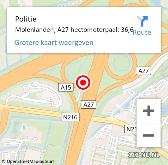 Locatie op kaart van de 112 melding: Politie Molenlanden, A27 hectometerpaal: 36,6 op 16 april 2024 13:43