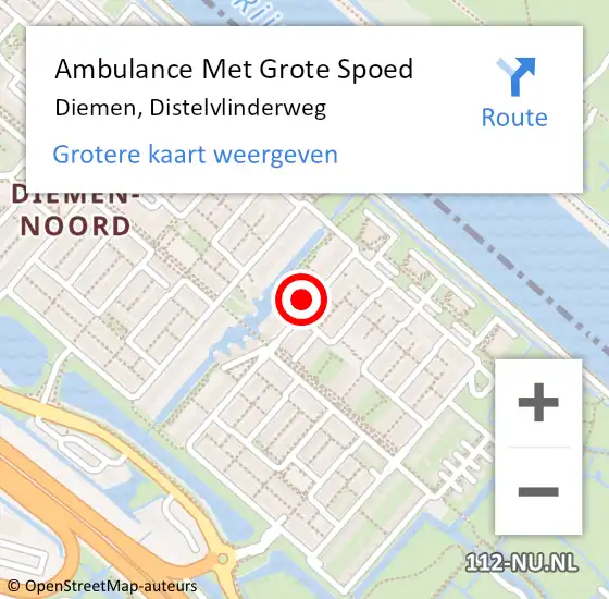 Locatie op kaart van de 112 melding: Ambulance Met Grote Spoed Naar Diemen, Distelvlinderweg op 16 april 2024 14:41