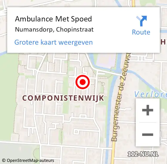 Locatie op kaart van de 112 melding: Ambulance Met Spoed Naar Numansdorp, Chopinstraat op 16 april 2024 15:10