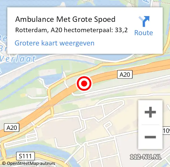 Locatie op kaart van de 112 melding: Ambulance Met Grote Spoed Naar Rotterdam, A20 hectometerpaal: 33,2 op 16 april 2024 16:51