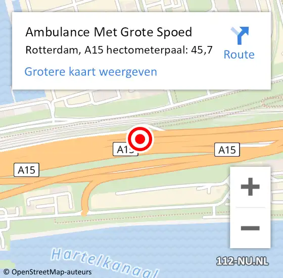 Locatie op kaart van de 112 melding: Ambulance Met Grote Spoed Naar Rotterdam, A15 hectometerpaal: 45,7 op 16 april 2024 17:09