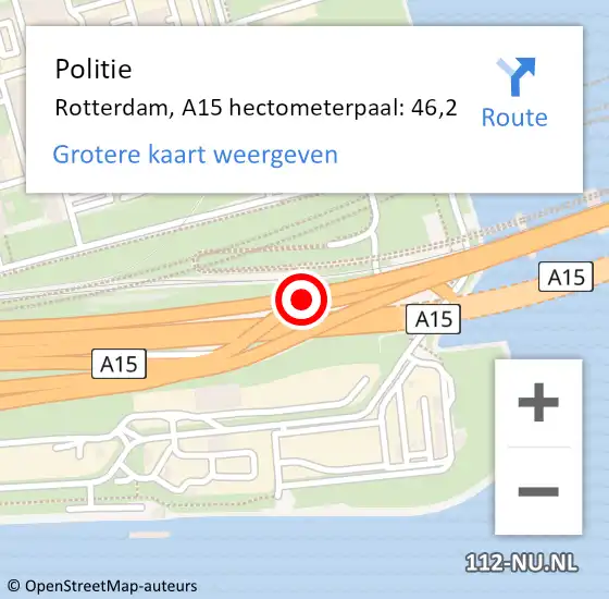 Locatie op kaart van de 112 melding: Politie Rotterdam, A15 hectometerpaal: 46,2 op 16 april 2024 17:09