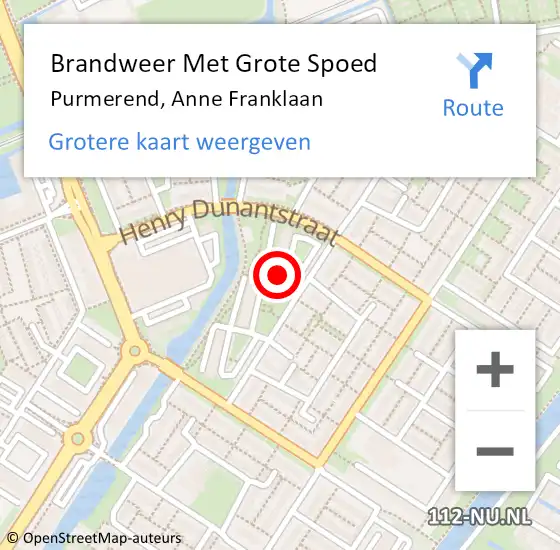 Locatie op kaart van de 112 melding: Brandweer Met Grote Spoed Naar Purmerend, Anne Franklaan op 16 april 2024 20:01
