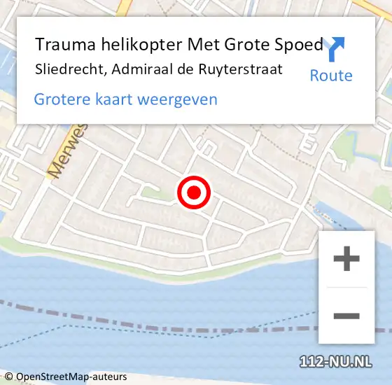 Locatie op kaart van de 112 melding: Trauma helikopter Met Grote Spoed Naar Sliedrecht, Admiraal de Ruyterstraat op 16 april 2024 21:10