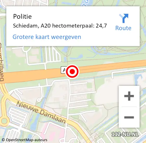 Locatie op kaart van de 112 melding: Politie Schiedam, A20 hectometerpaal: 24,7 op 16 april 2024 21:17