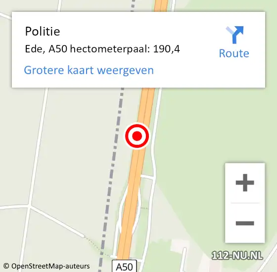 Locatie op kaart van de 112 melding: Politie Ede, A50 hectometerpaal: 190,4 op 16 april 2024 22:37